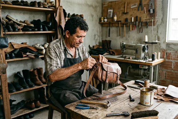 Sapateiro restaurando uma bolsa de couro, mostrando habilidade e atenção.