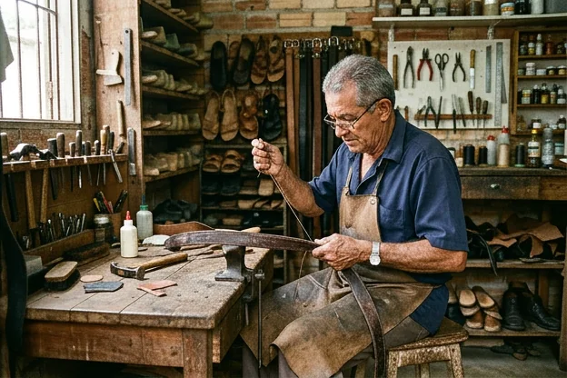 Sapateiro ajustando um cinto de couro, focando em detalhes e acabamento.