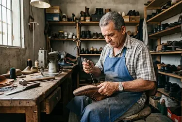 Sapateiro utilizando máquina de costura em calçado, mostrando habilidade na tarefa.