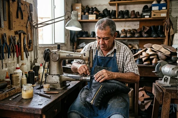 Sapateiro ajustando o zíper de uma bota, com ferramentas específicas ao lado.