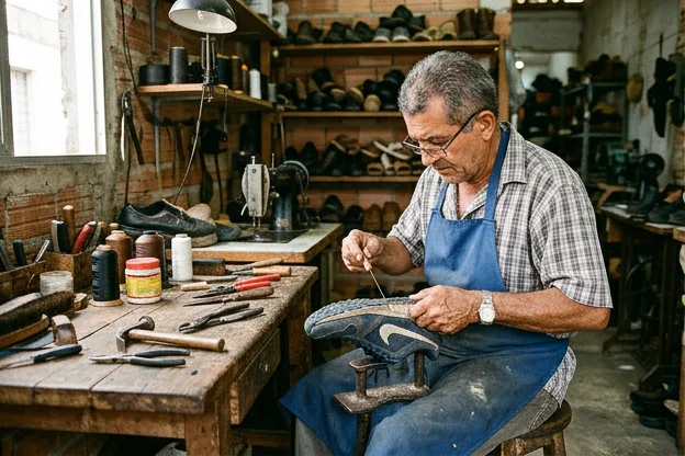 Sapateiro consertando um tênis, cercado por ferramentas adequadas.